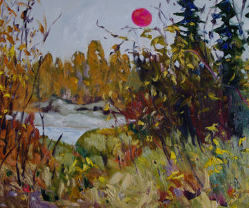 landscape painting by Halin de Repentigny, painted in late summer 2020 when the sun was on fire. Painted in just outside of Dawson City, Yukon